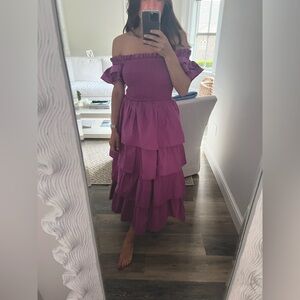 Cleobella off-the-shoulder smocked purple midi dress